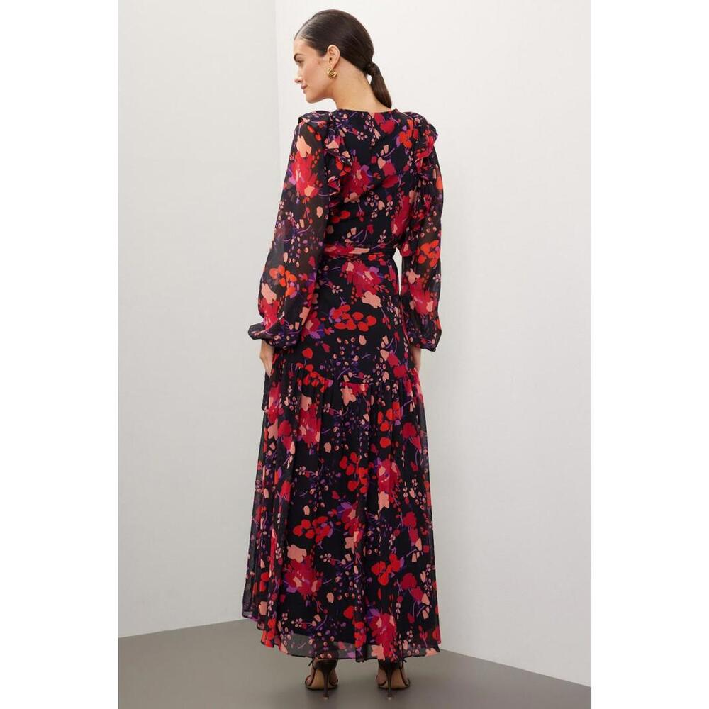 Slate & Willow Black Floral Midi Wrap Dress Size M with Fabric Pull - Picture 2 of 9